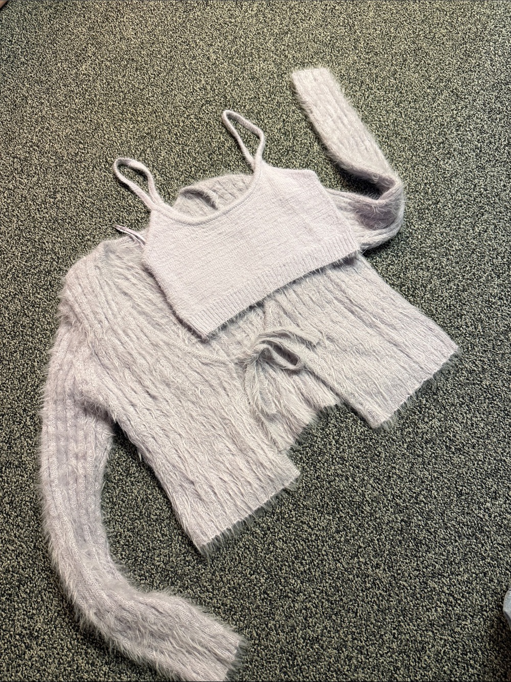 Garage Lilac Fuzzy Knit Crop Tank and Cardigan Matching Set